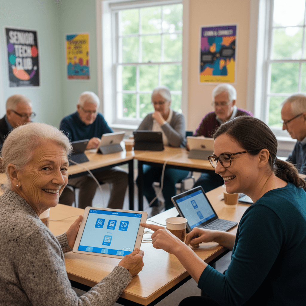 A senior woman smiles as she practices on a tablet during a group class in a community room.