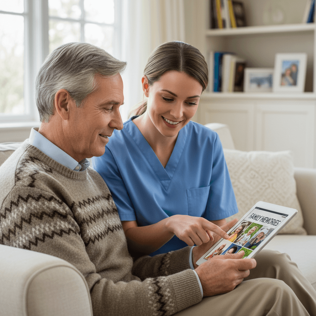 Senior man learning a tablet with help