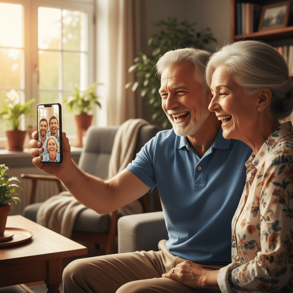 Senior couple laughing together while on a video call with their smartphone