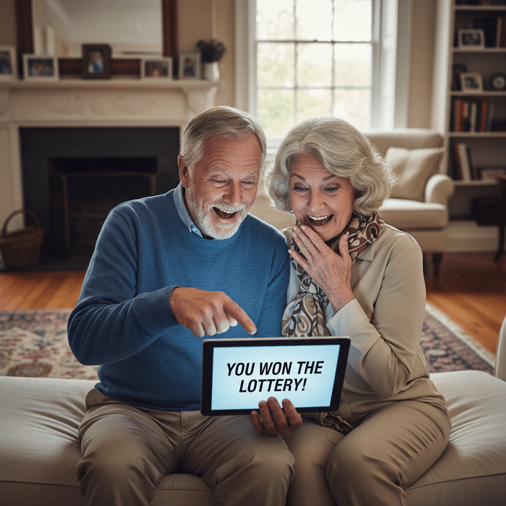 Senior couple sitting together reading a tablet screen with surprised expression in living room