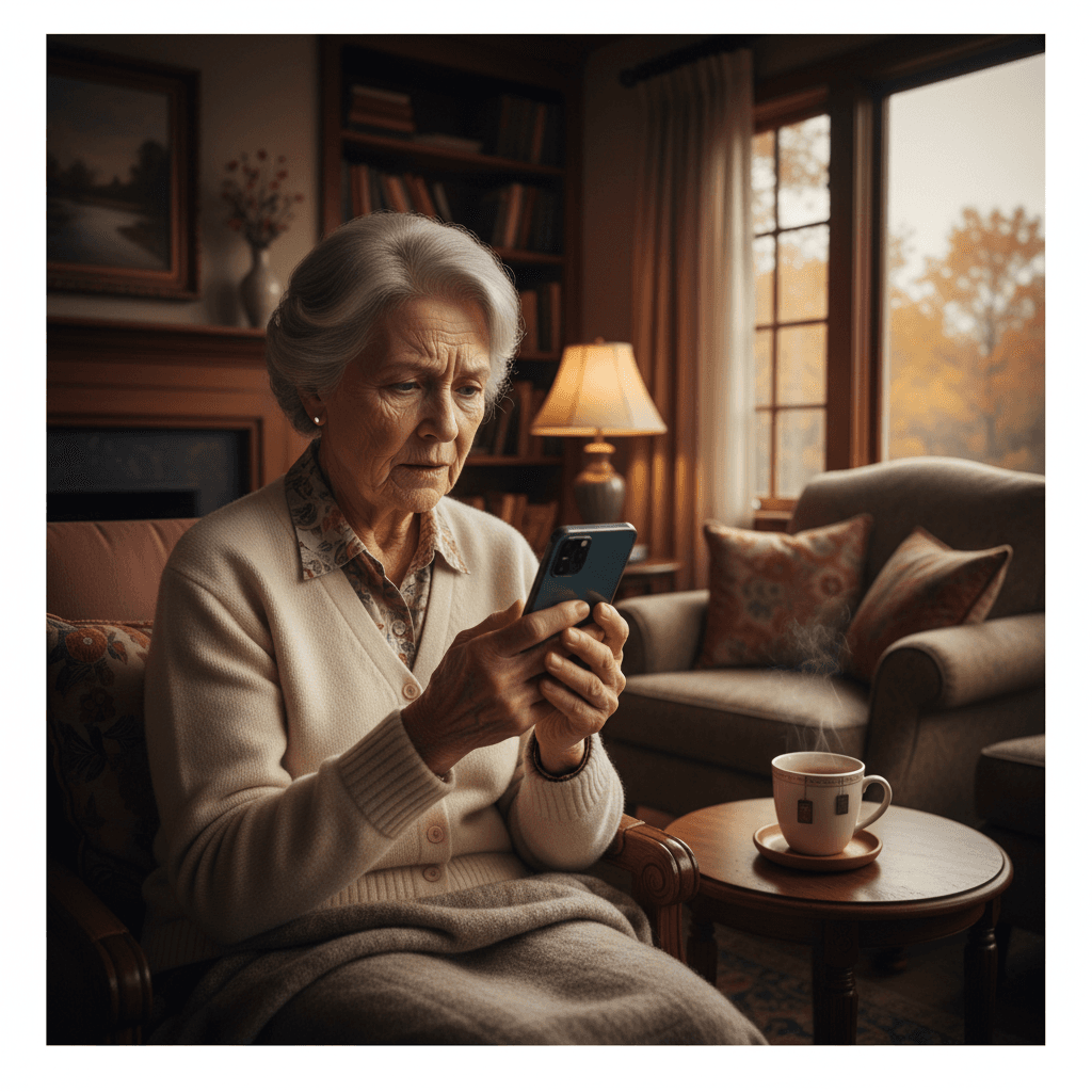 Senior woman looking at smartphone screen with protective worried expression in cozy living room