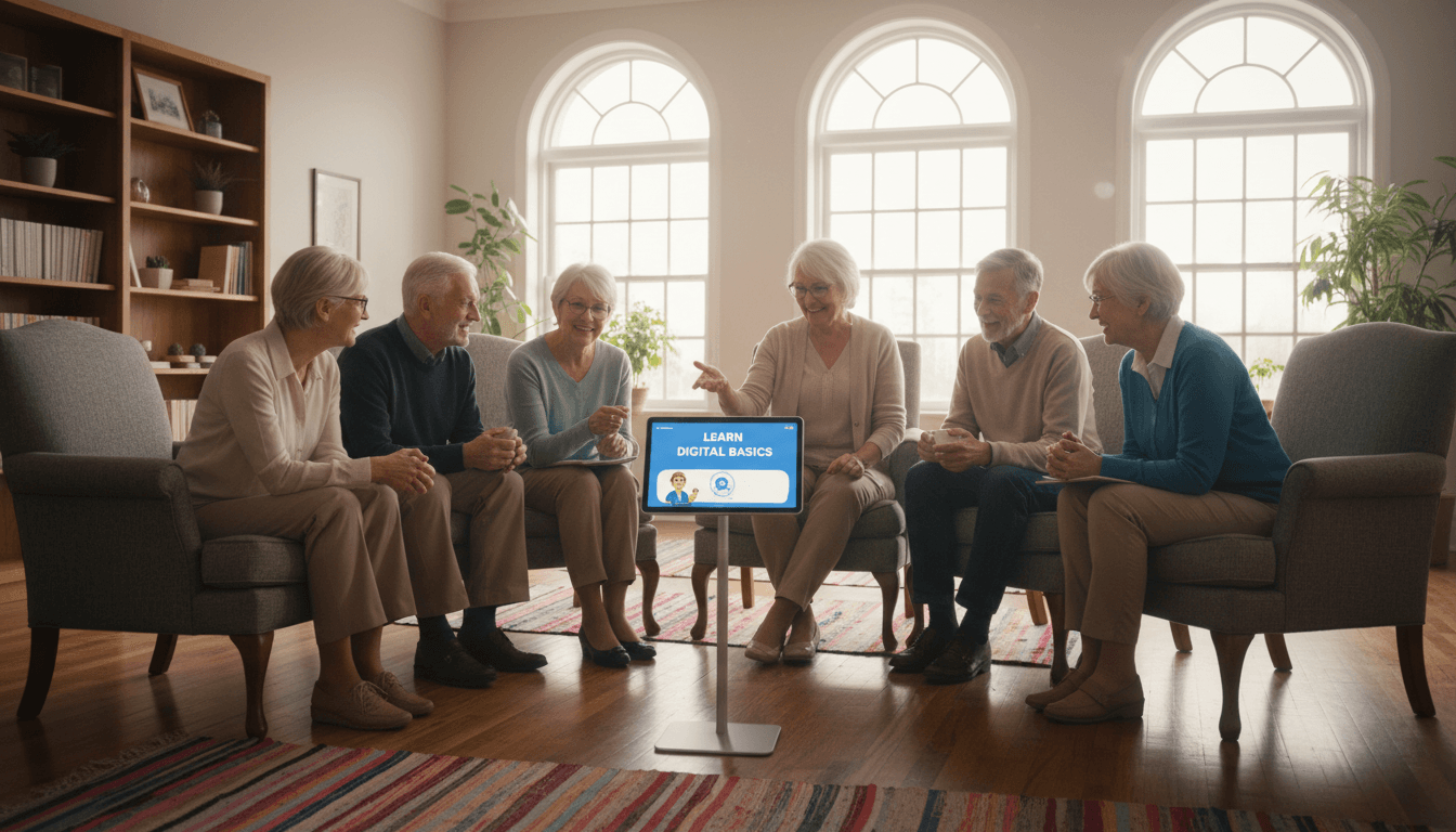 Seniors watching tablet tutorial together