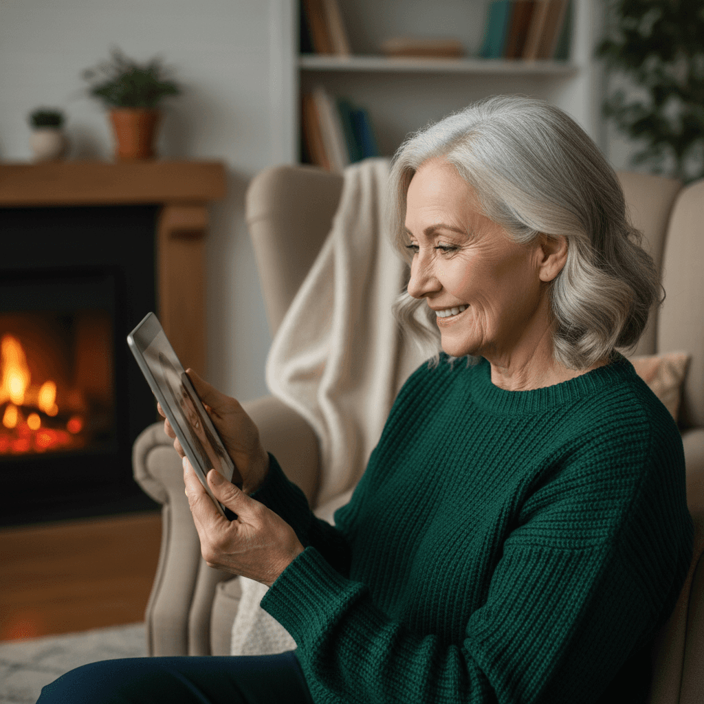 Senior woman on a video call with family smiling at her tablet