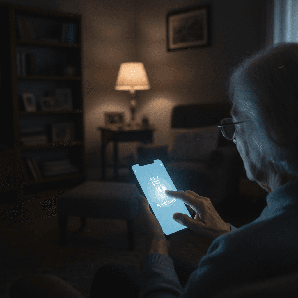 Senior woman using the flashlight icon on her smartphone screen
