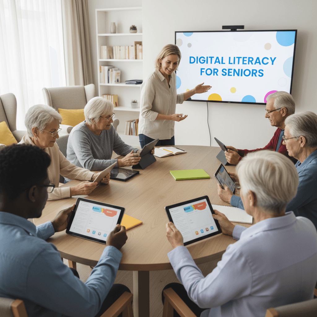 Retirement center residents learning tablets in group class