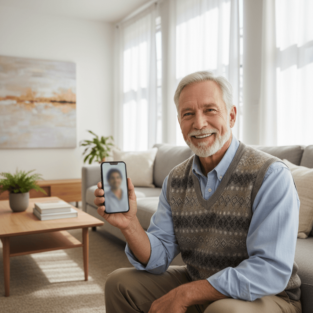 Senior man holding smartphone with friendly smile in bright modern home living room