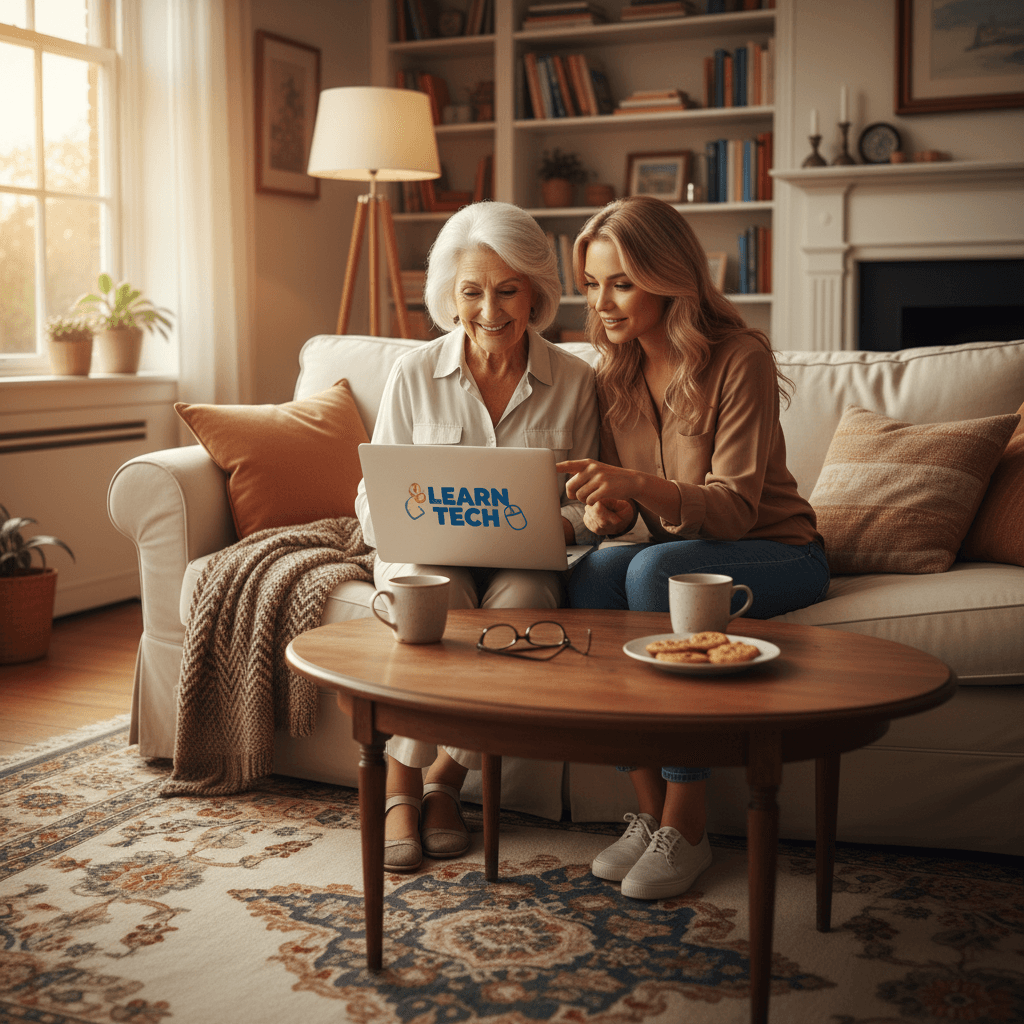 Senior woman learning to use a laptop with a helper beside her