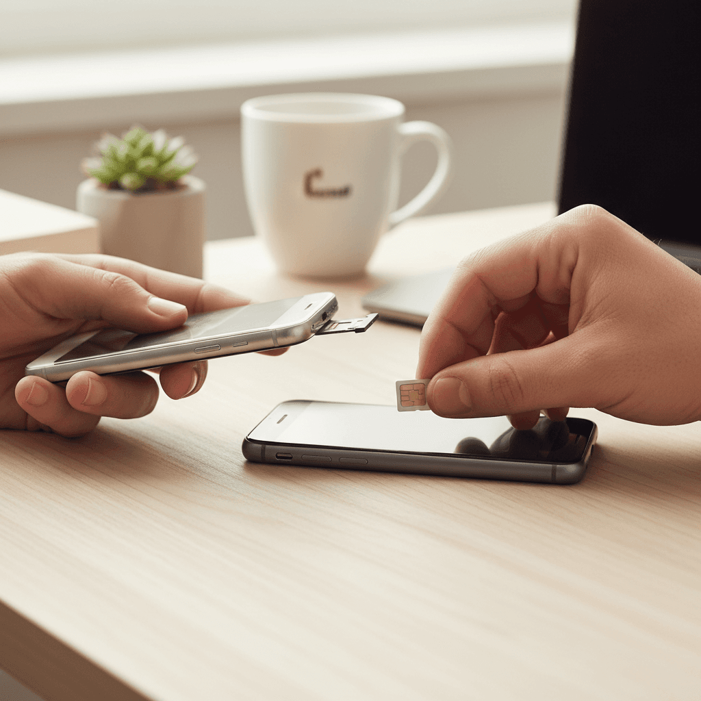 Hands moving a sim card from an older phone to a newer phone on a desk
