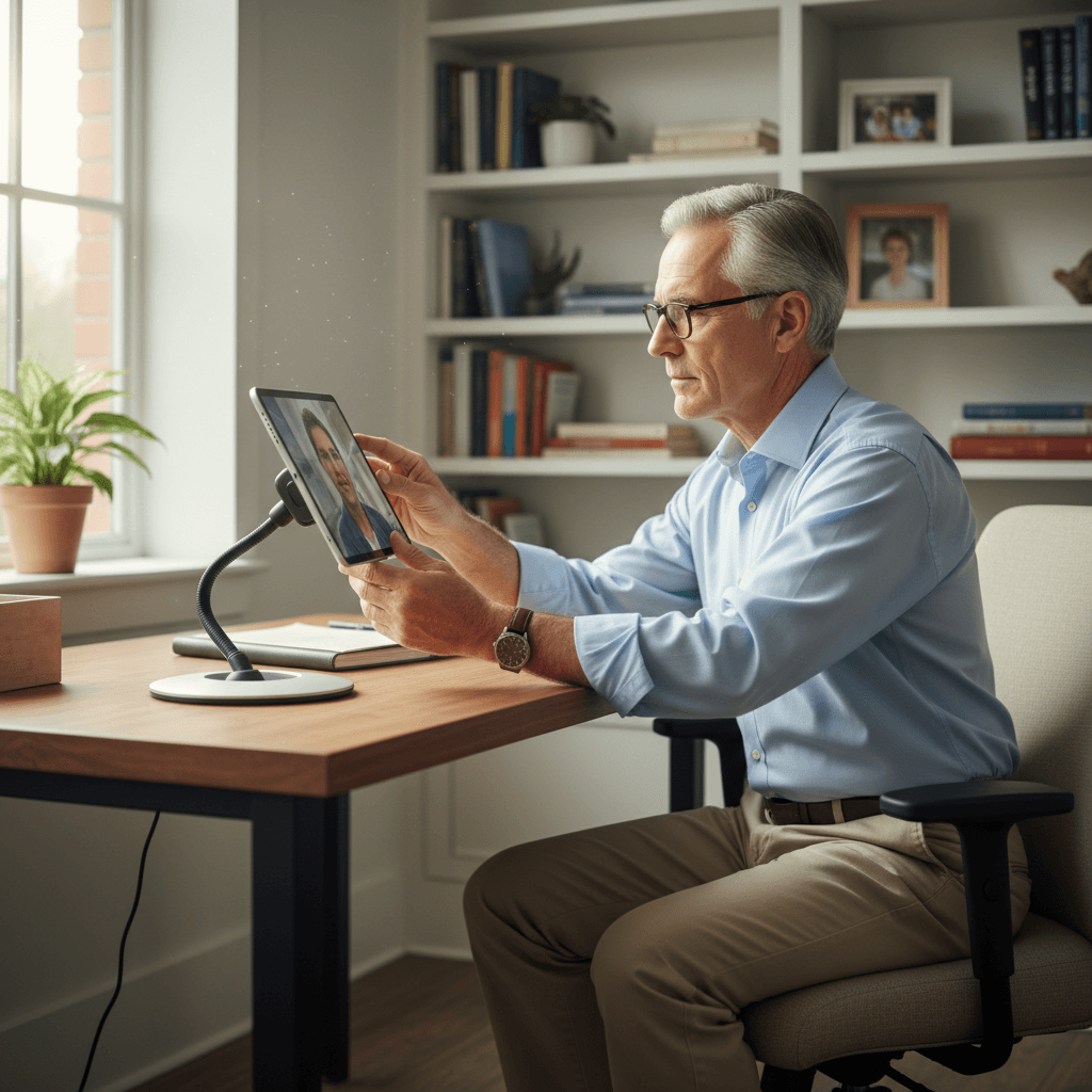 Senior man adjusting his tablet stand for a better view during a call