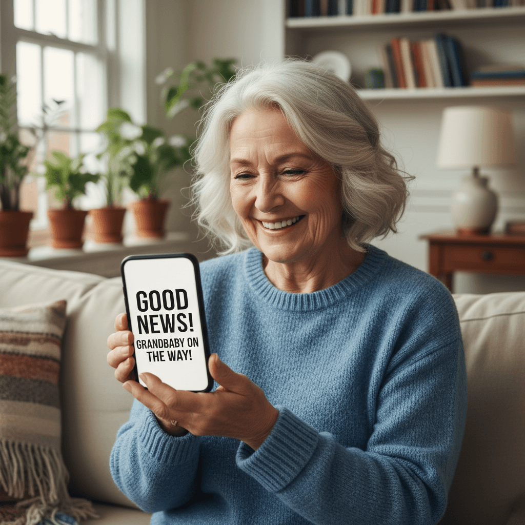 Senior woman smiling while looking at her smartphone screen with large text