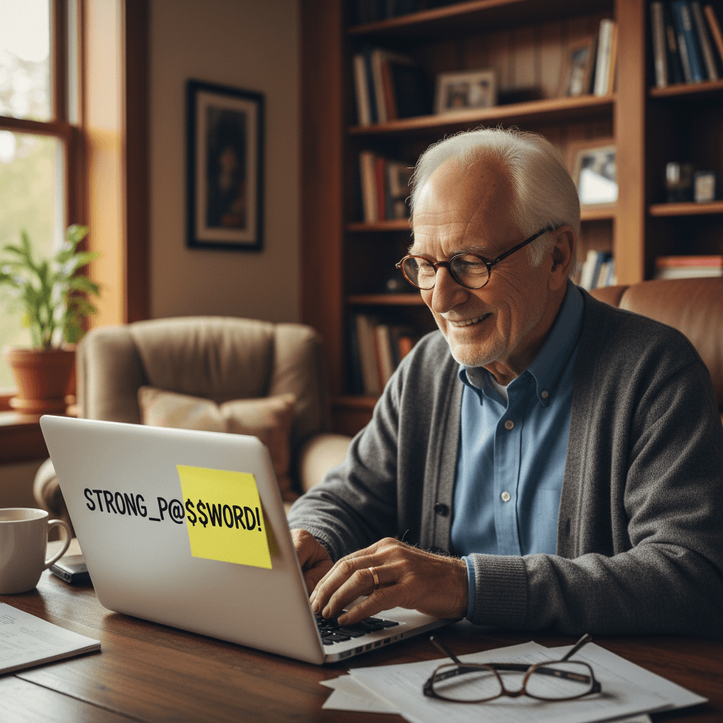 Senior man using laptop with strong password written on sticky note in home office