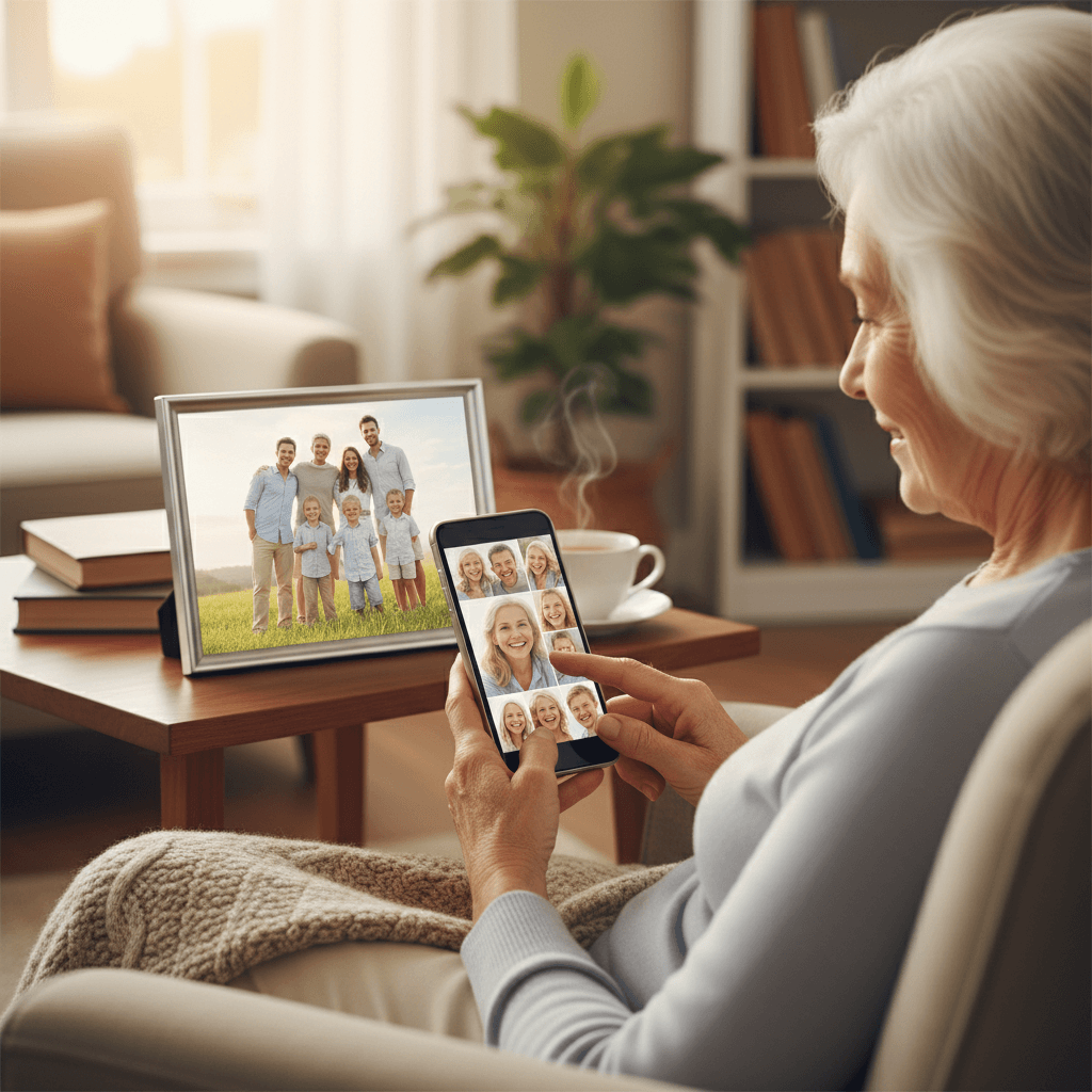 Senior viewing photos on a smartphone screen next to a framed family photo