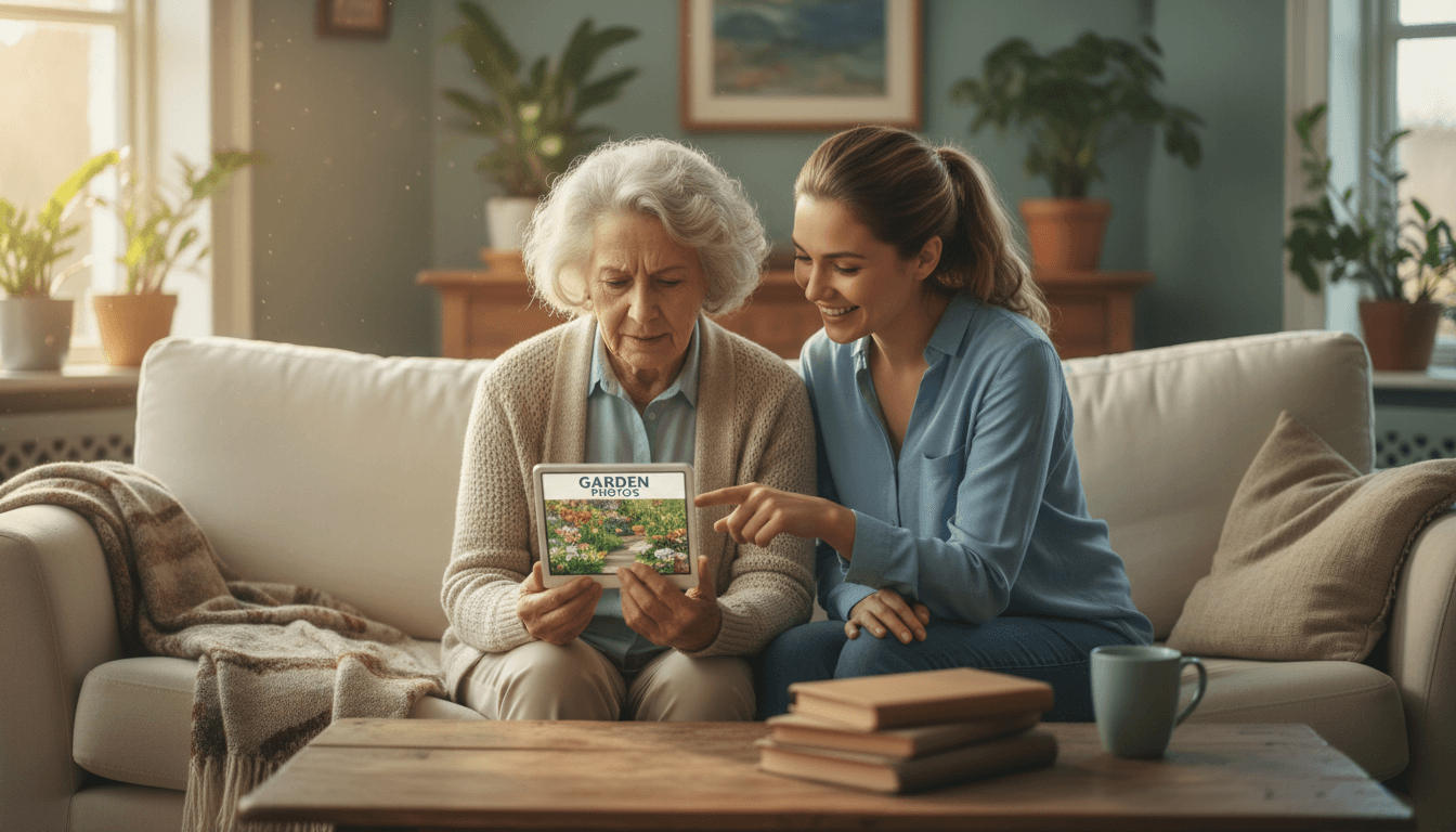 Senior woman learning to use a tablet with assistance in a bright living room