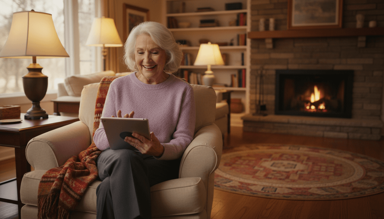 Senior woman smiling while using a tablet in a cozy living room