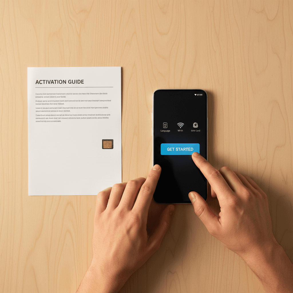 Smartphone on a table with a sim card and activation screen being set up