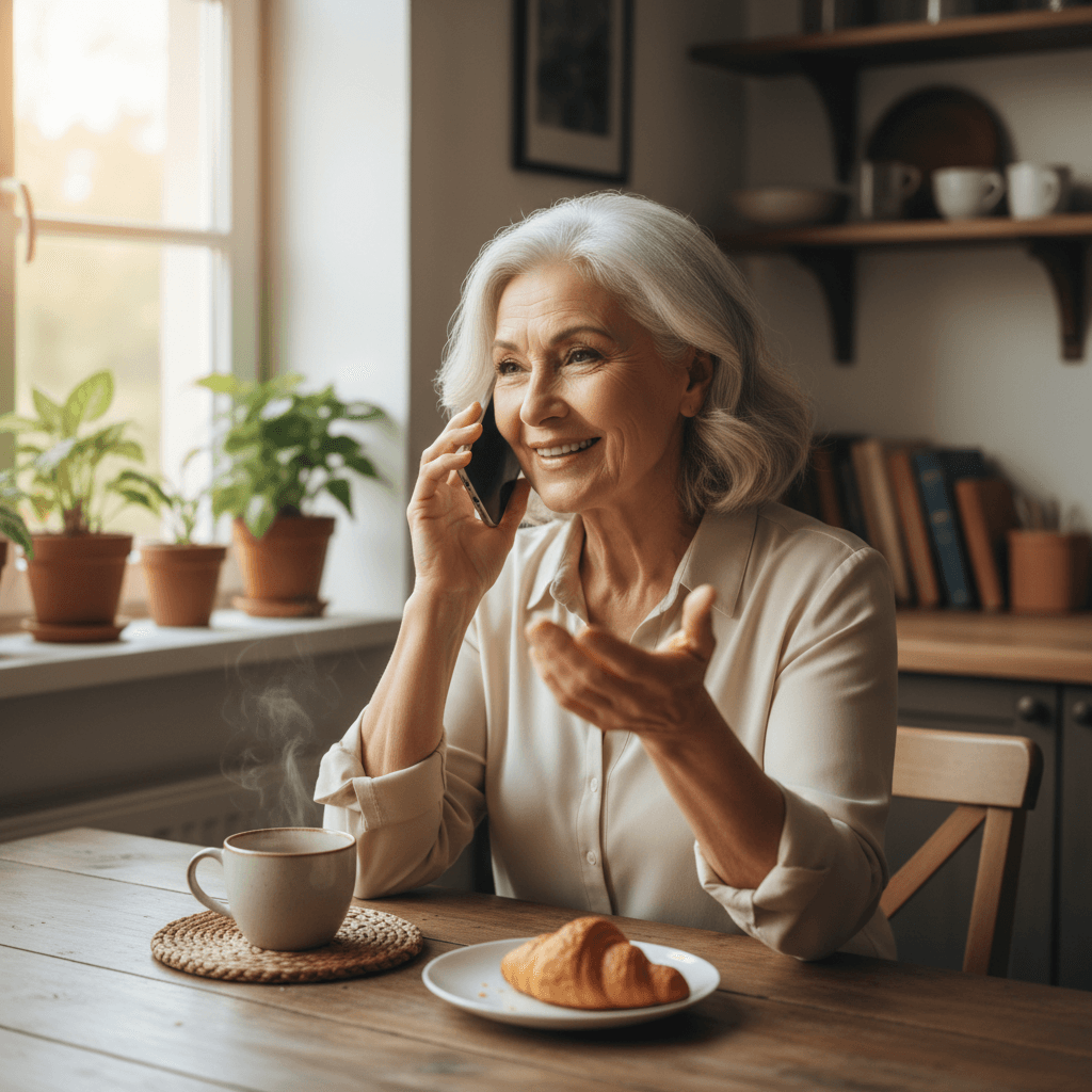 Senior woman talking on smartphone while sitting at kitchen table with coffee cup