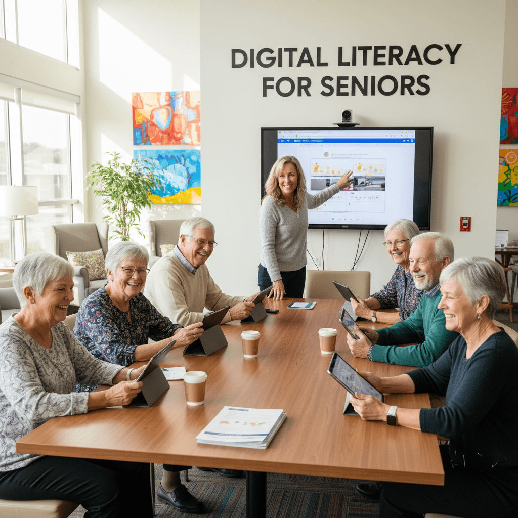 Seniors at a community center workshop with tablets