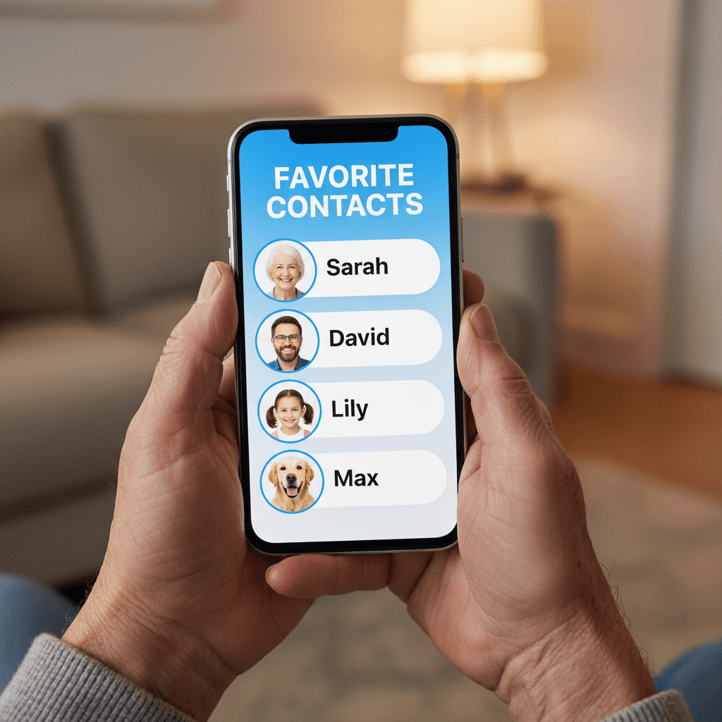 Close up of senior hands holding a smartphone showing a list of favorite contacts