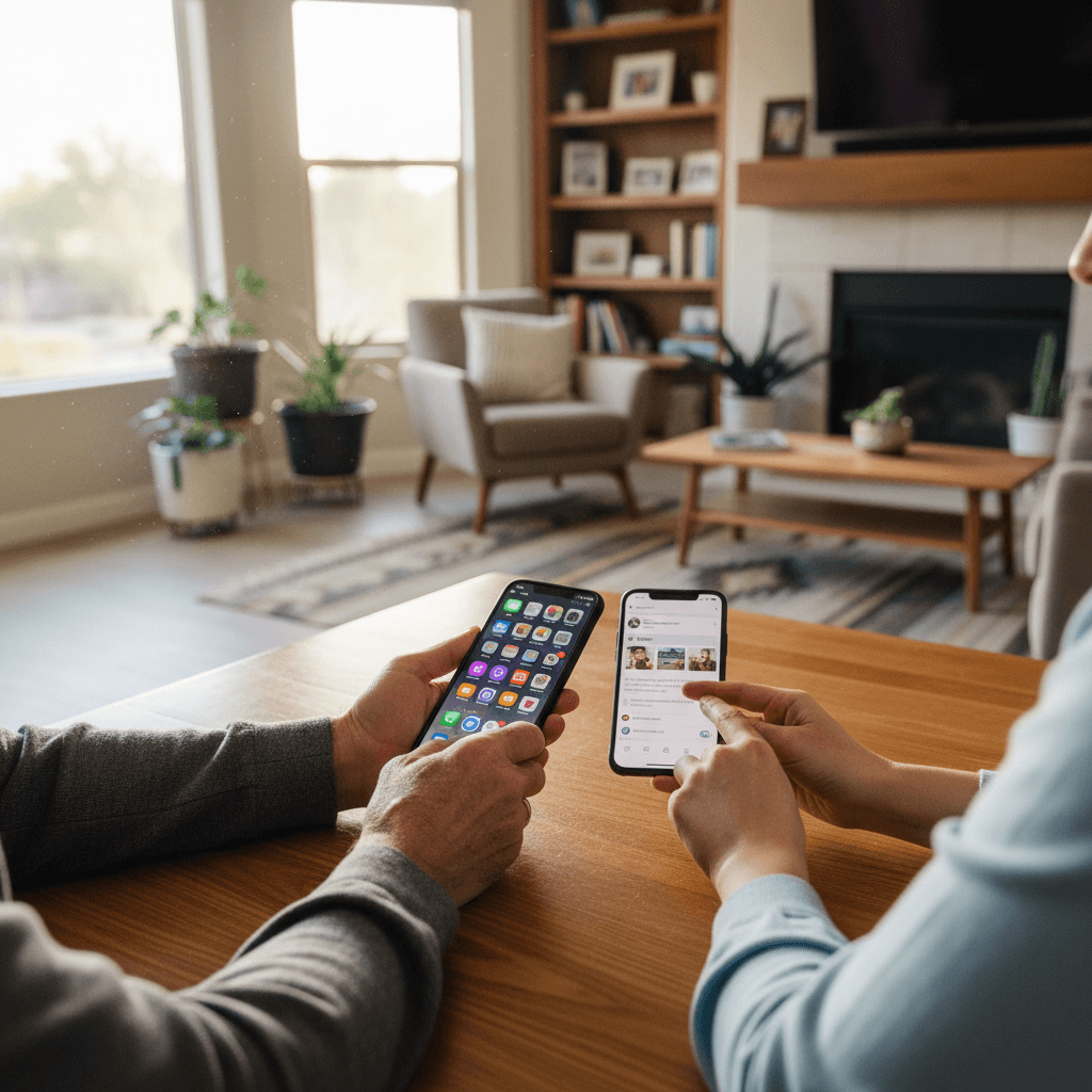 Senior comparing two smartphones on a kitchen table with a helper pointing at the screen
