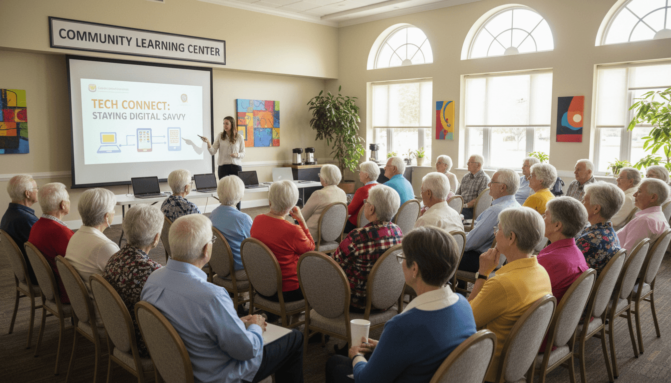 Senior residents engaged in a technology workshop in a bright community room