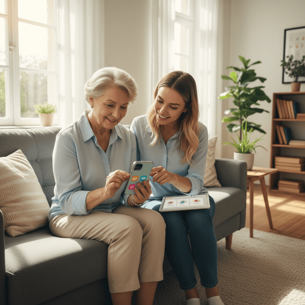Senior woman learning smartphone with instructor