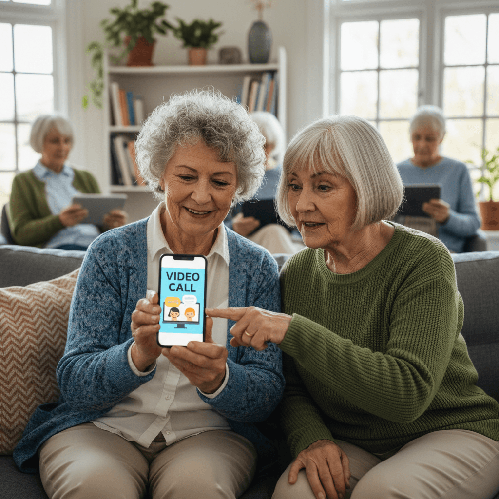 A senior woman shows another resident something on her smartphone during a friendly tech session.