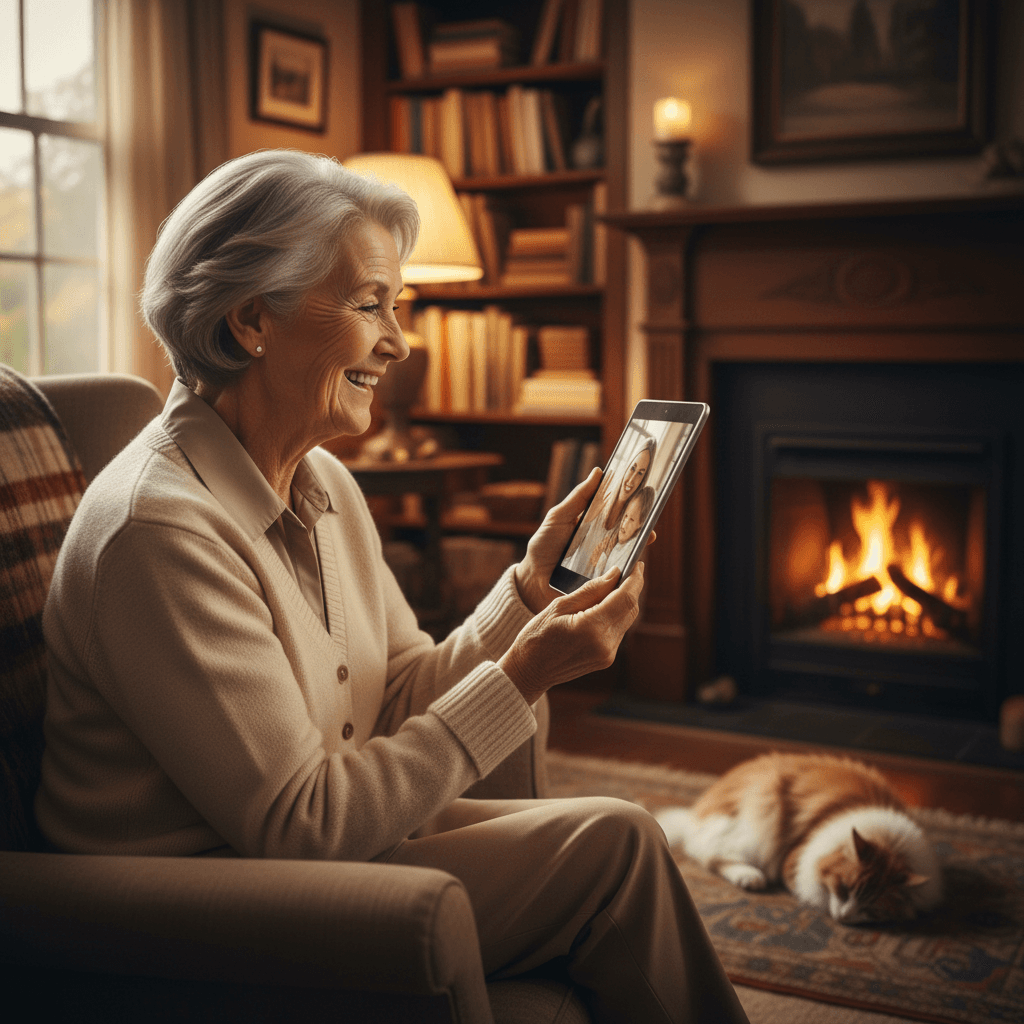 senior woman video calling on a tablet with a big smile in a cozy room