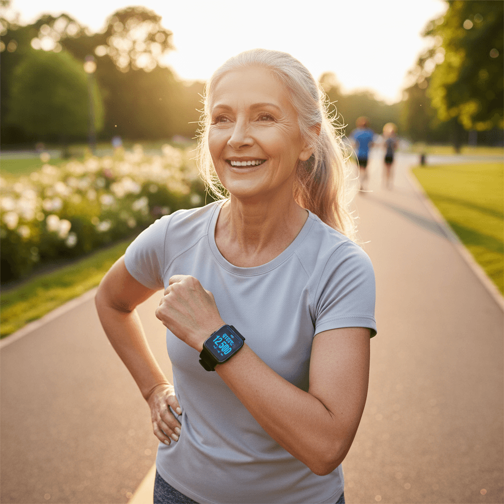 Active senior wearing a fitness tracker on their wrist