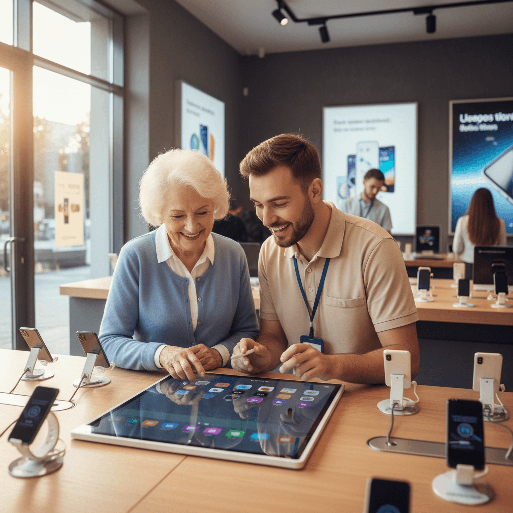 Senior and assistant talking with a store employee at an electronics counter