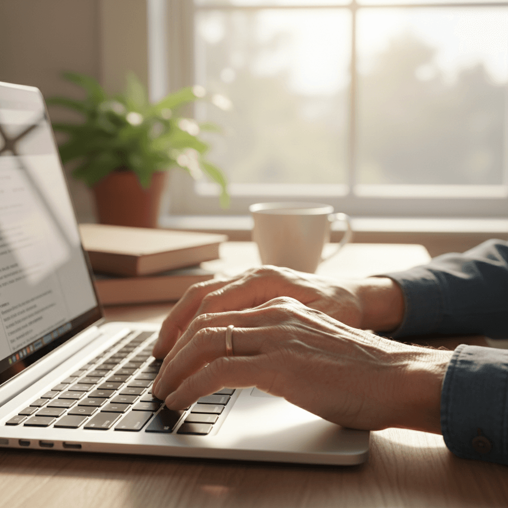 Senior hands typing on a laptop keyboard
