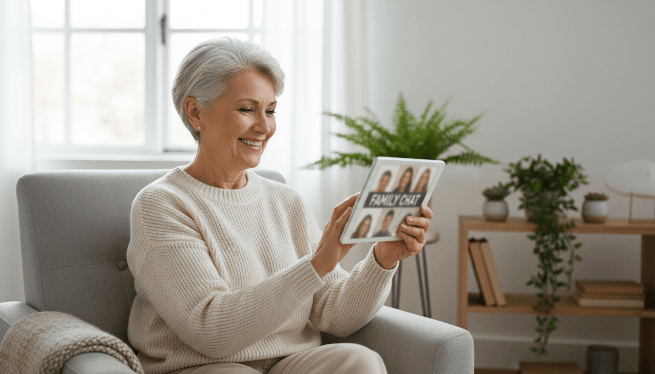 Senior woman happily video calling family on a tablet in a cozy living room