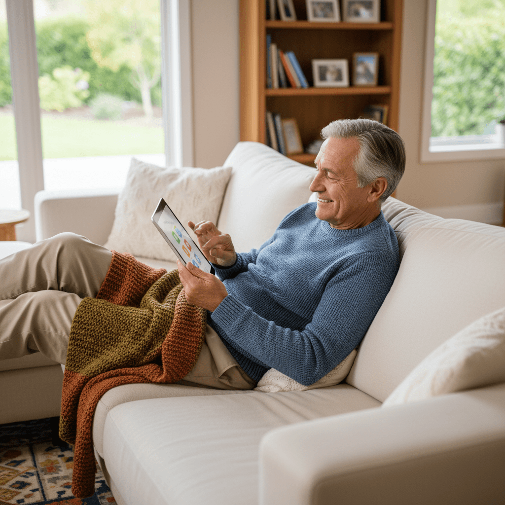 Senior man using a tablet on a comfortable couch