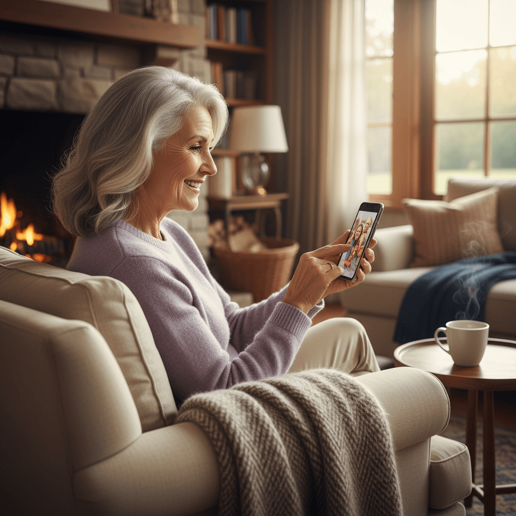 Senior woman smiling while using a smartphone in a cozy living room