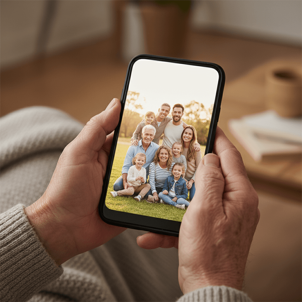 close up of elderly hands holding a smartphone showing a family photo on screen
