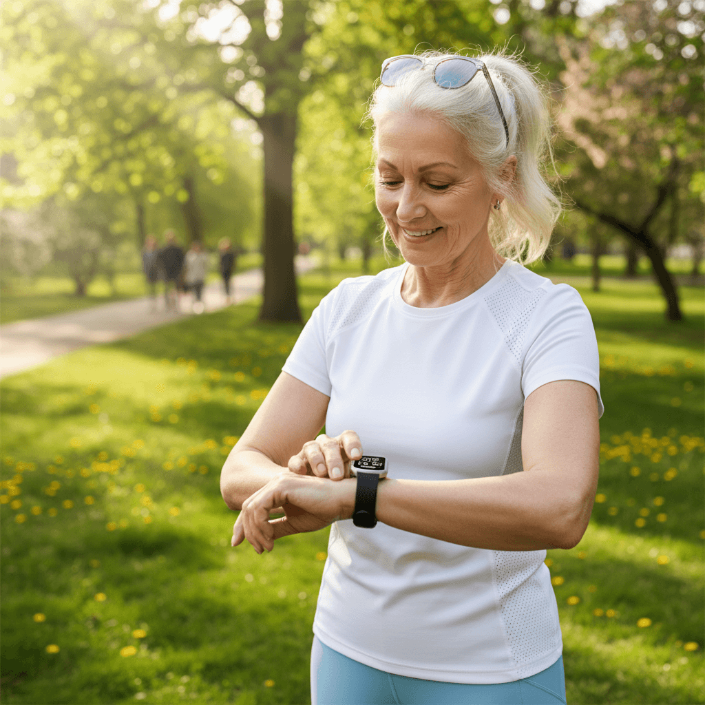 Senior woman checking fitness tracker