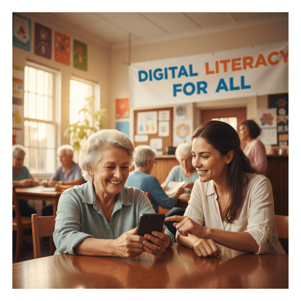 Senior woman learning smartphone with patient instructor