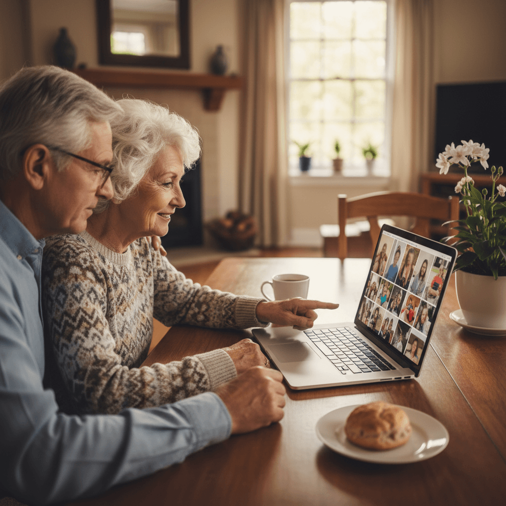 Senior couple looking at a laptop screen together at a dining table
