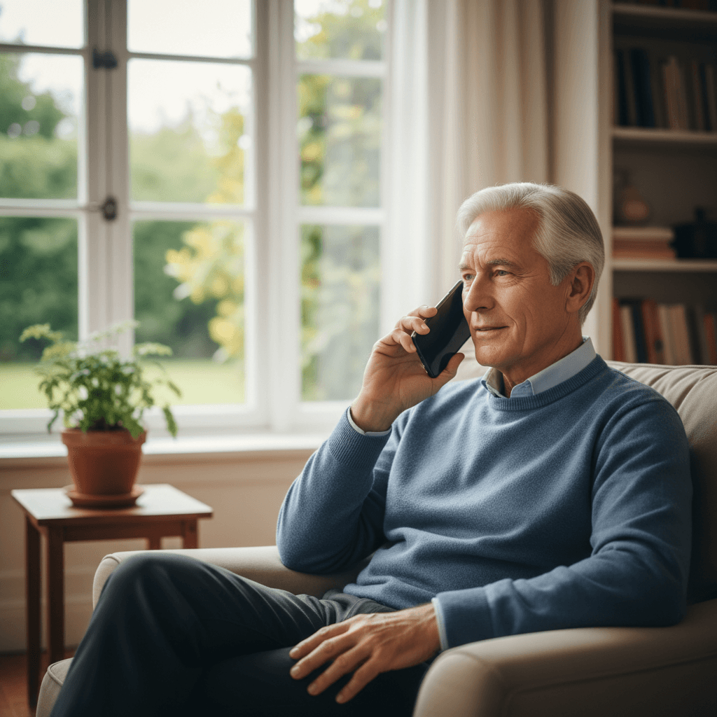 Senior man speaking into his smartphone for voice commands