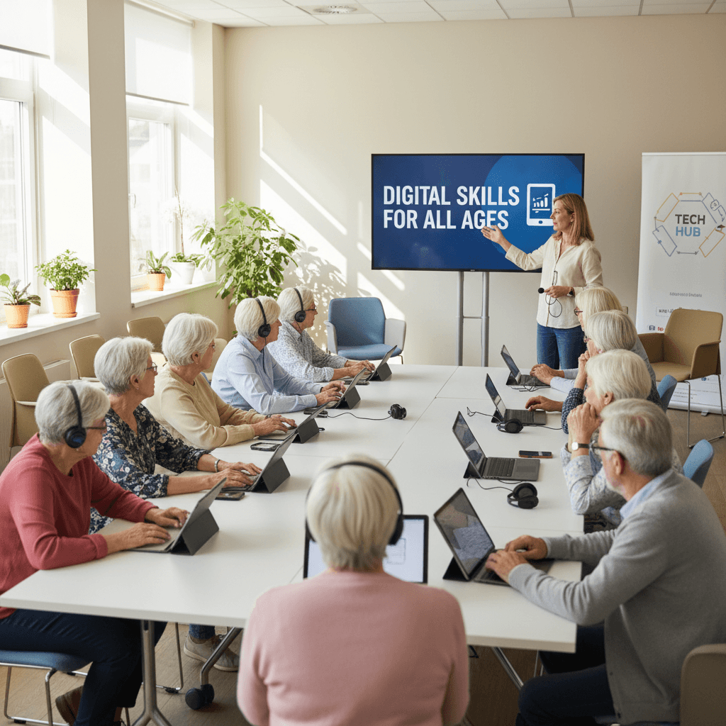 A group of older adults follows along with a technology instructor in a bright community room.