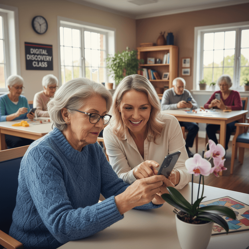 An instructor gently helps a senior woman figure out her smartphone camera in an activity room.