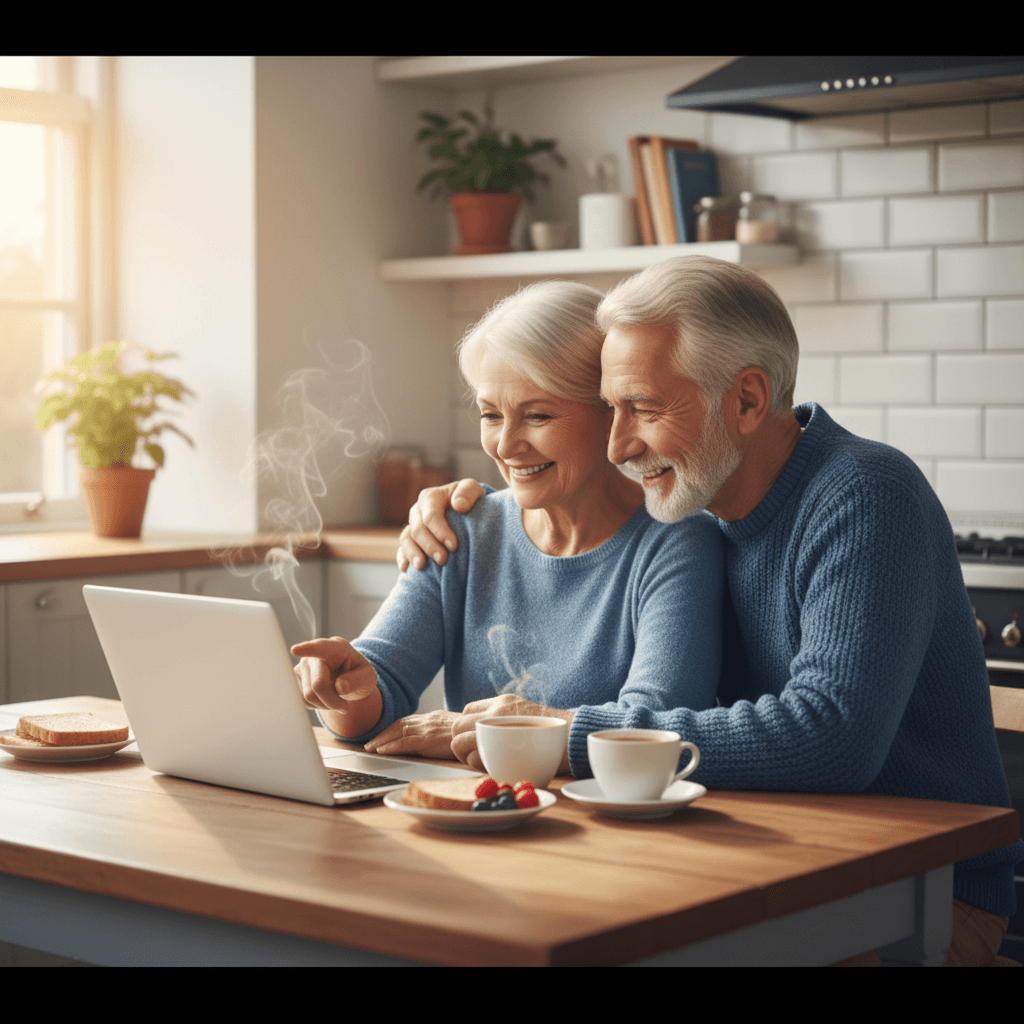 Senior couple looking at a laptop together