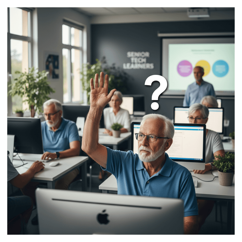 A senior man raises his hand with a question during a hands-on computer class.