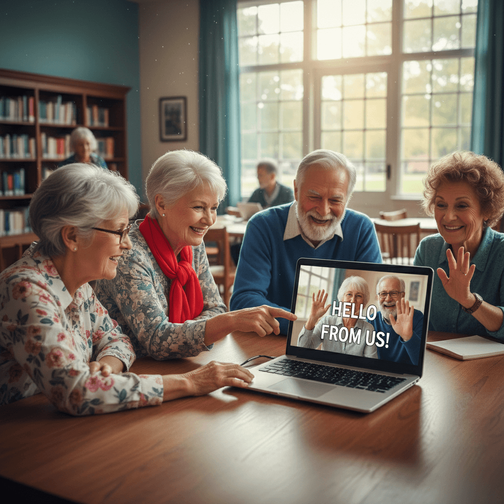 Senior residents practice a video call together on a laptop in a relaxed group setting.