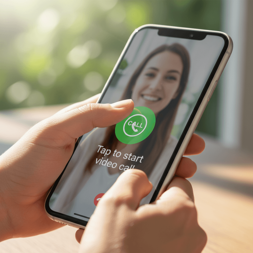 Close up of finger pressing the video call button on a smartphone screen