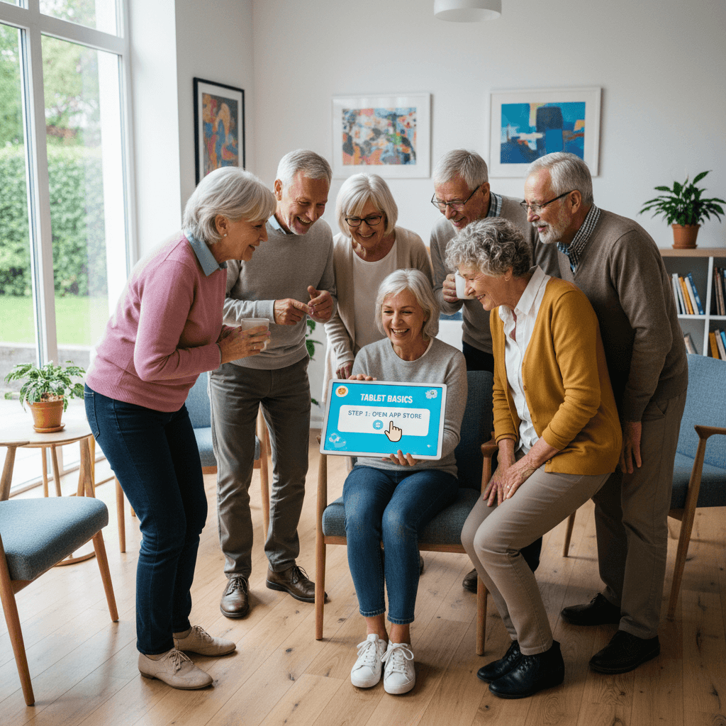group of seniors gathered around a tablet watching a tutorial in bright community room
