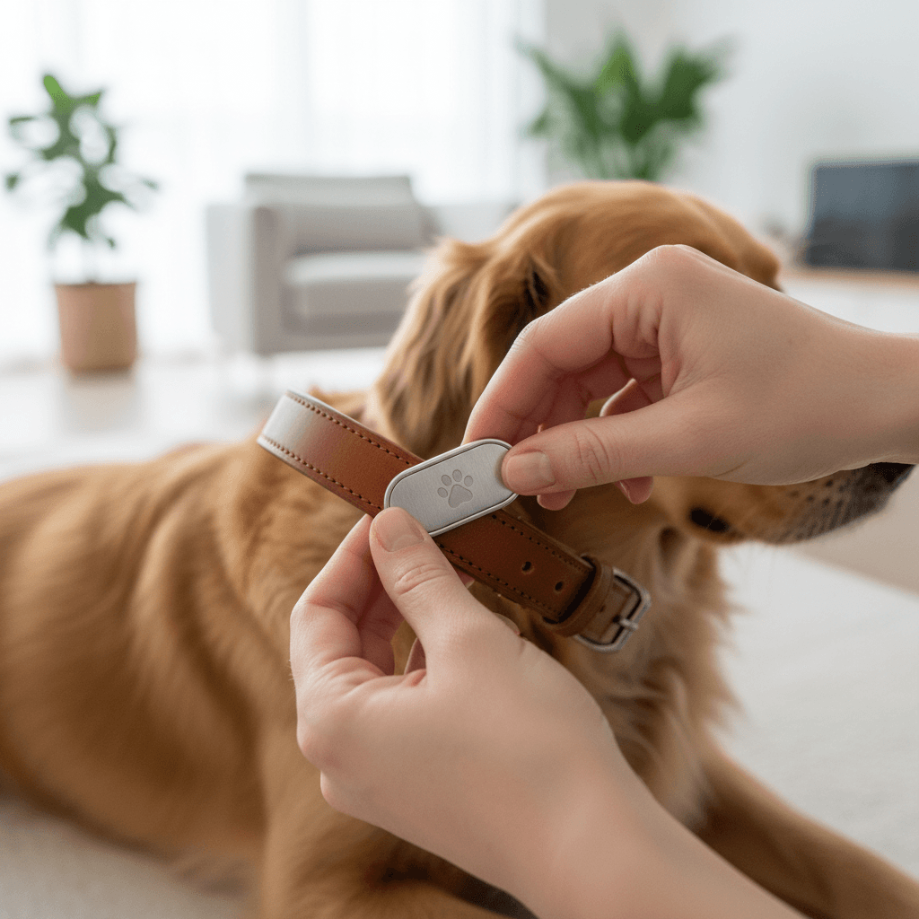Pet owner's hands attaching a sleek metallic NFC identification tag to a dog's collar with natural window lighting