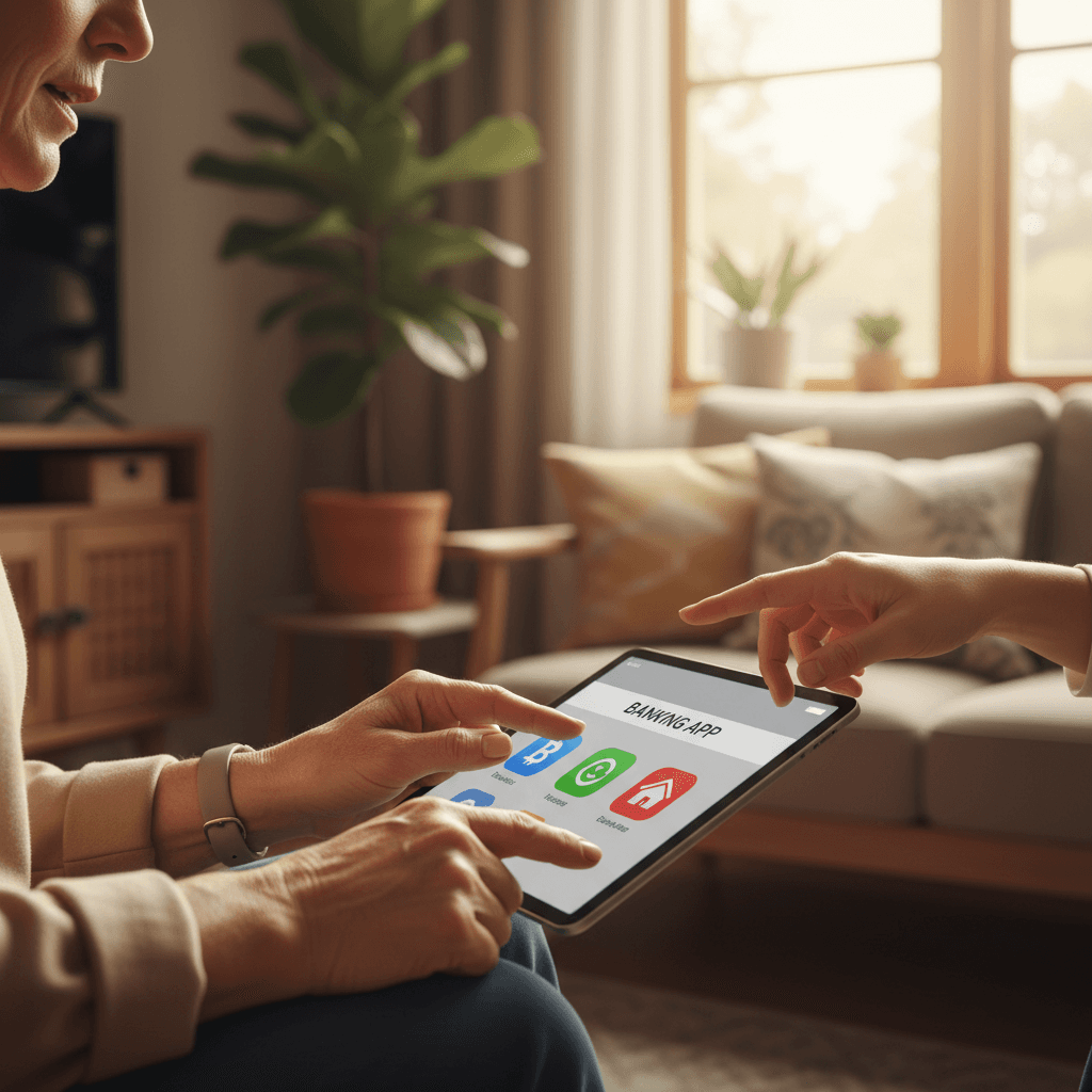 Senior woman learning to use a tablet on her living room sofa with patient teacher