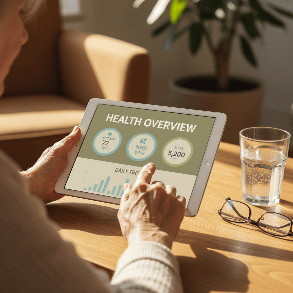 Elderly woman's hands confidently using tablet displaying health monitoring app with large, clear interface elements in bright home setting