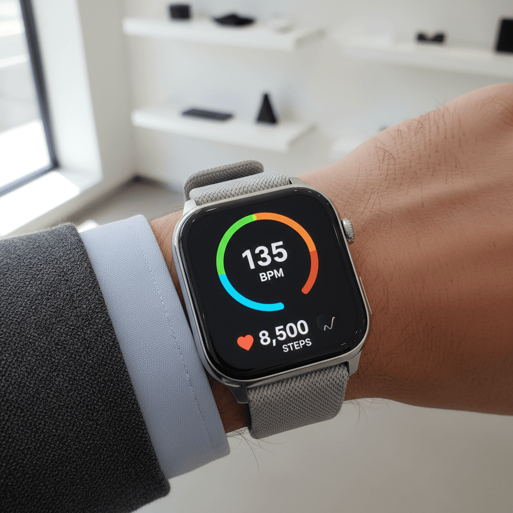 Customer's wrist displaying smartwatch with active health dashboard and fitness metrics on bright screen