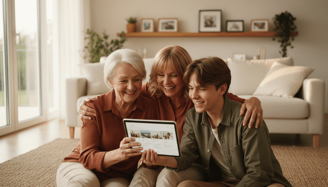 Warm family moment of older couple video calling grandchildren on a tablet